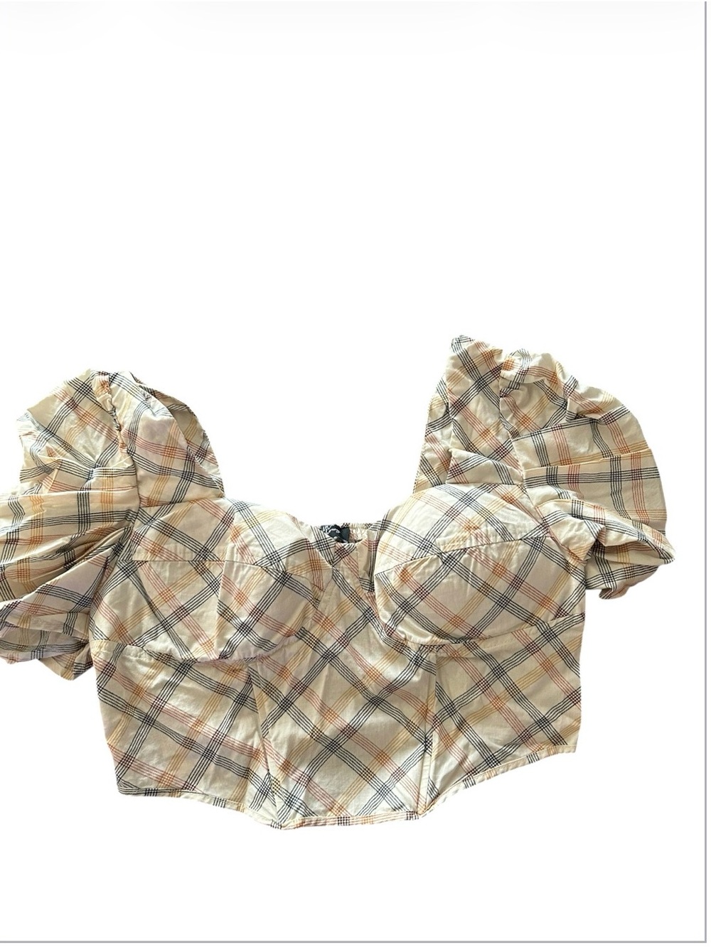 Plaid Puff-Sleeve Sweetheart Crop Top in Beige - Picture 2 of 4
